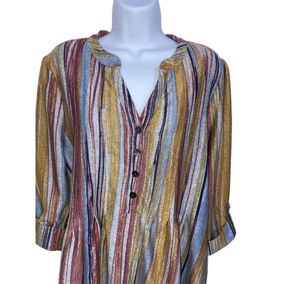 New Directions Tunic Top Multi-Colored Striped Button Up 3/4 Sleeve Blouse 1X - Picture 5 of 7